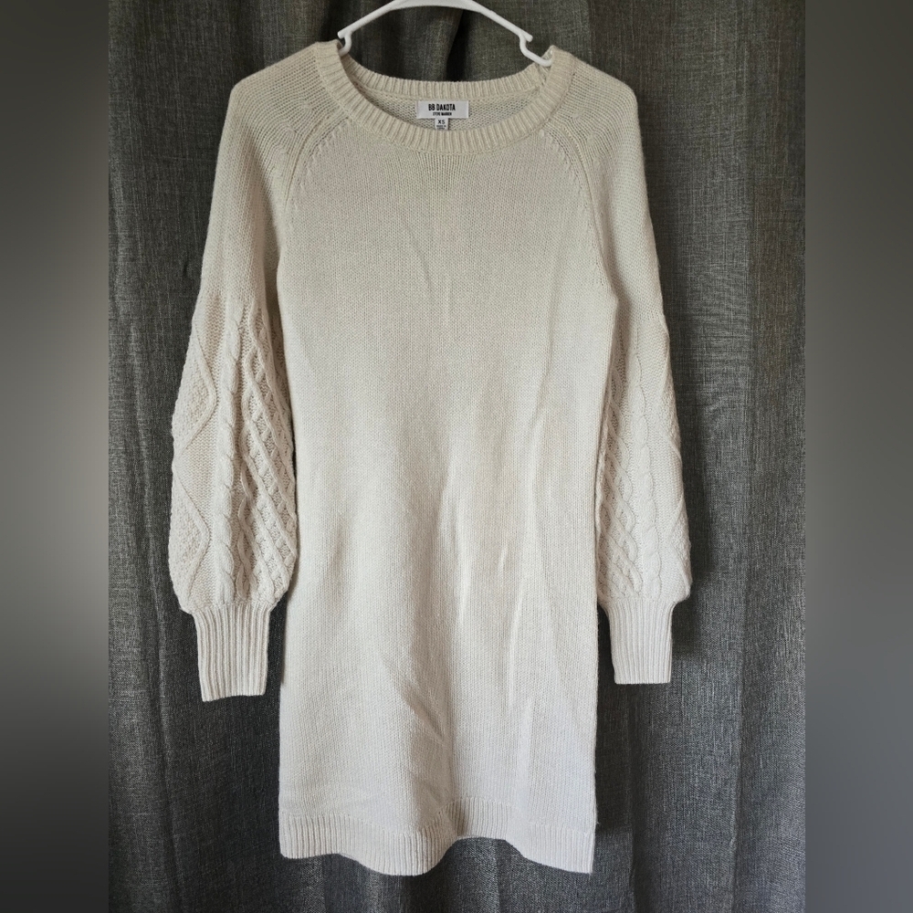 BB Dakota Steve Madden Cream Knit Long Puff Sleeve Sweater Mini Dress XS NWT